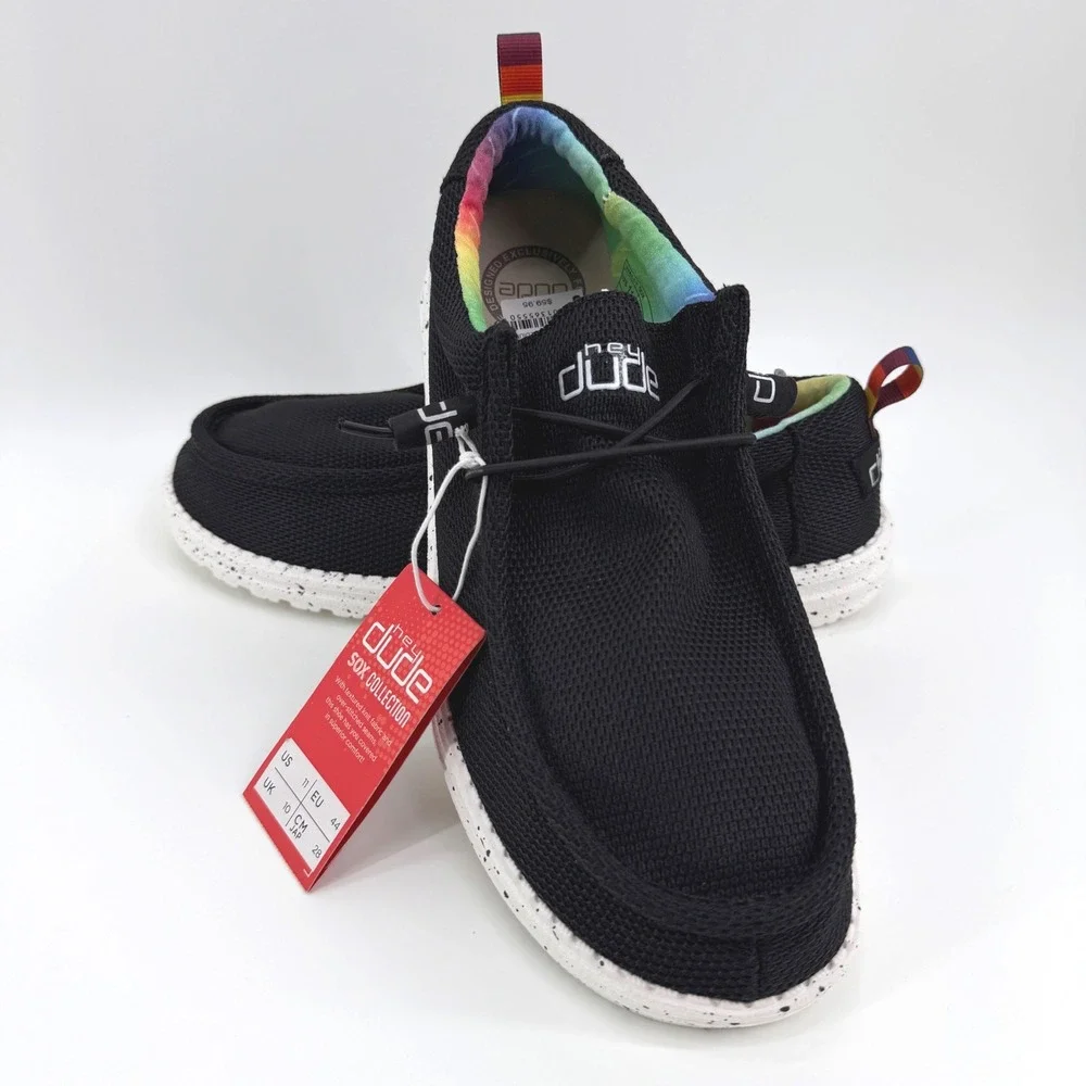 Hey Dude Wally Sox Mens 11 Black Pride Rainbow Tie Dye Speckled Loafers RARE